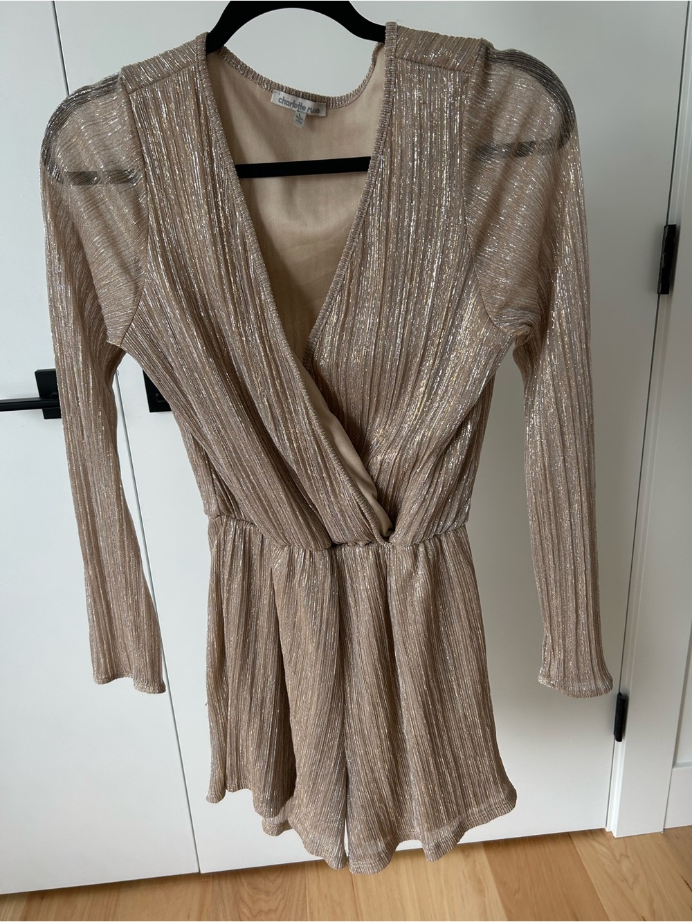 Charlotte Russe Metallic Champagne Long-Sleeve Wrap Romper